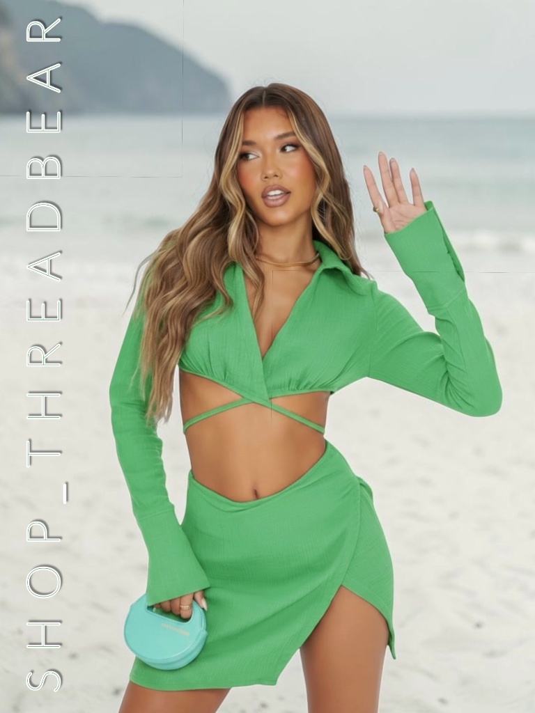 Nwt [Pretty Little Thing] Y2k Green Long Sleeve Waffle Tie Crop Top | 10 Medium